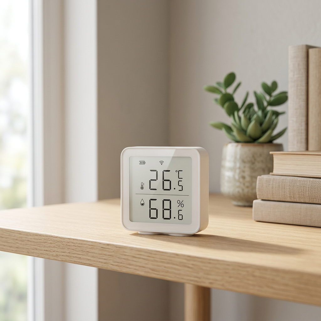 WiFi temperatur- och fuktsensor med display som visar 26.5°C och 68.6% luftfuktighet